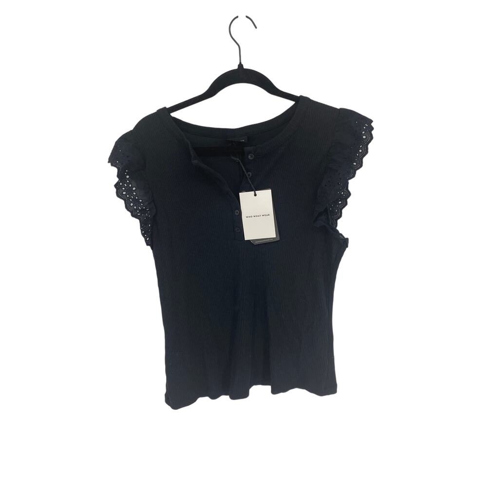 New WHO WHAT WEAR tank Sleeveless Women XL black half button Top